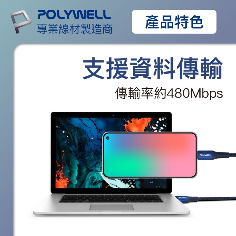 POLYWELL 寶利威爾 Type-C To Type-C PD編織快充線 60W 編織線 /藍色 /2M