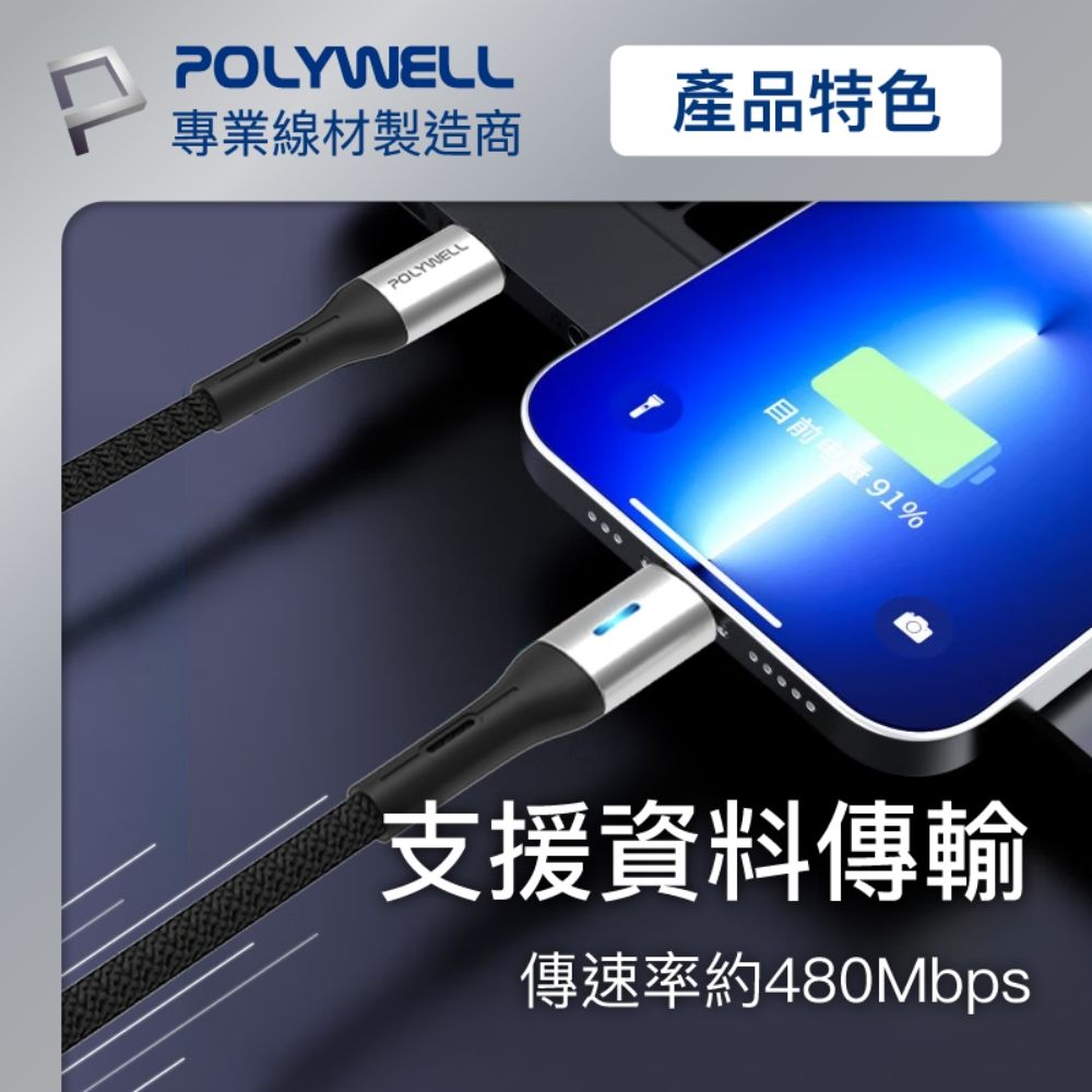 POLYWELL 寶利威爾 Type-C To Type-C LED PD編織快充線 /銀色 /2M