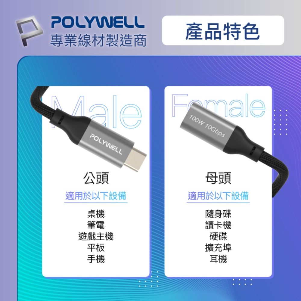 POLYWELL專業線材製造商產品特色alePOLYWELL100W 10Gbps公頭母頭適用於以下設備適用於以下設備桌機筆電遊戲主機平板手機隨身碟讀卡機硬碟擴充埠耳機