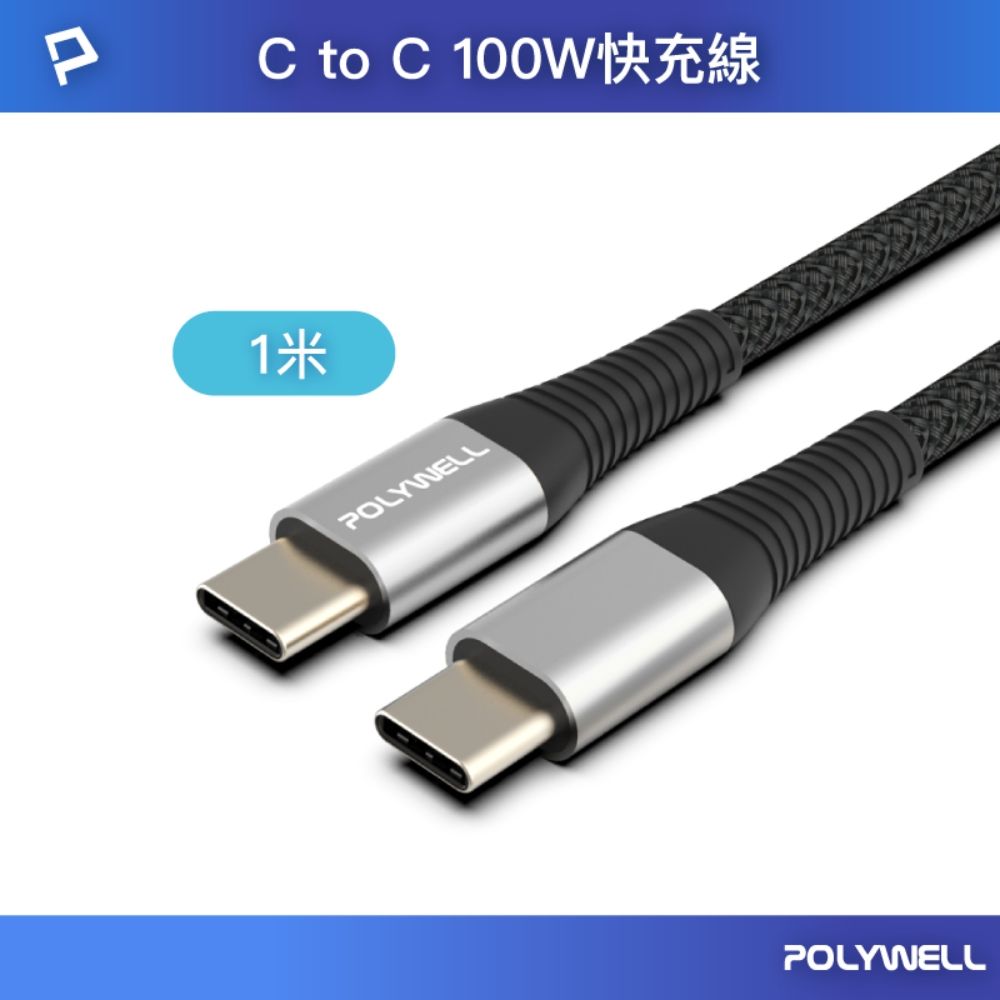 POLYWELL 寶利威爾 USB Type-C 100W 公對公 PD快充線 /槍色 /1M