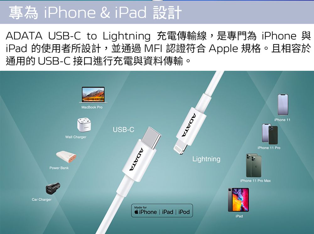 iPhone   ADATA_USB-C to Lightning 充電傳輸線,是專門為 iPhone 與iPad 的使用者所設計,並通過 MFI 認證符合 Apple 規格。且相容於通用的 USB-C 接口進行充電與資料傳輸。MacBook ProWall ChargerUSB-CPower BankCar ChargerADATAADATALightningiPhone 11iPhone 11 ProiPhone 11 Pro MaxiPhone iPad  iPodiPadMade for
