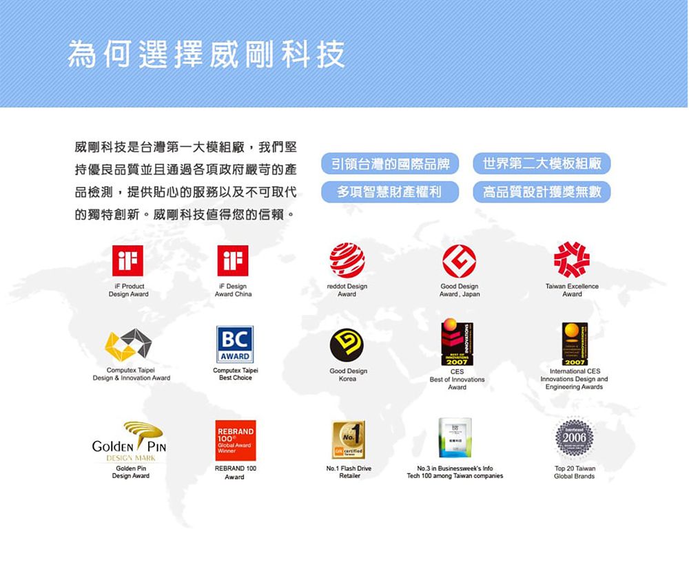 為何選擇威剛科技威剛科技是台灣第一大模組廠我們堅持優良品質並且通過各項政府嚴苛的產品檢測,提供貼心的服務以及不可取代的獨特創新。威剛科技值得您的信賴。引領台灣的國際品牌多項智慧財產權利世界第二大模板組廠高品質設計獲獎無數 ProductDesign AwardComputex Design & Innovation Award Designreddot DesignGood DesignTaiwan ExcellenceAward ChinaAwardAward, JapanAwardBCAWARDComputex TaipeiBest ChoiceGood DesignKorea PINDESIGN MARKGolden PinDesign AwardREBRAND100Global Award2007CESBest of InnovationsAward2007International CESInnovations Design andEngineering AwardsNo.3 in Businessweeks Info2006Top 20 TaiwanGlobal BrandsREBRAND 100No.1 Flash DriveAwardRetailerTech 100 among Taiwan companies