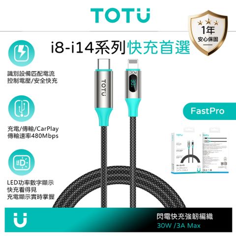TOTU PD/Lightning/Type-C/iPhone充電線傳輸線編織快充線 智能數顯 LED FastPro系列 1.2M 拓途