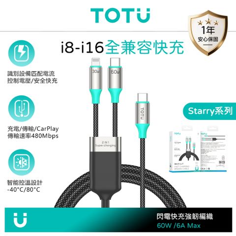 TOTU 一分二 USB-C TO Lightning/Type-C PD充電線傳輸線快充線 Starry系列 1.2M 拓途