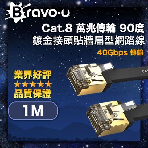 Bravo-u Cat.8 萬兆傳輸 90度超短鍍金接頭貼牆扁型網路線 黑 1M