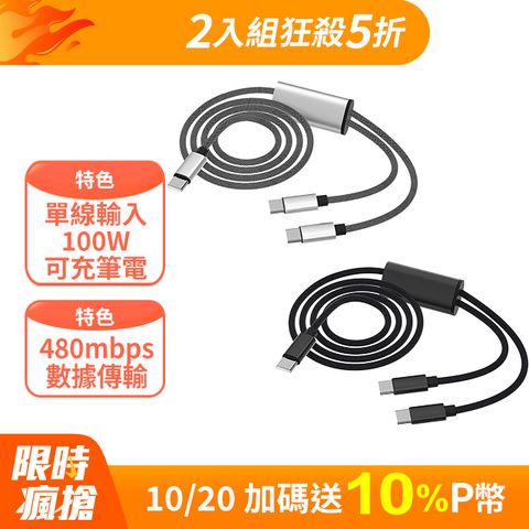 WillGo (2入組) PD 100W 雙USB-C急速充電傳輸線(1.2m)