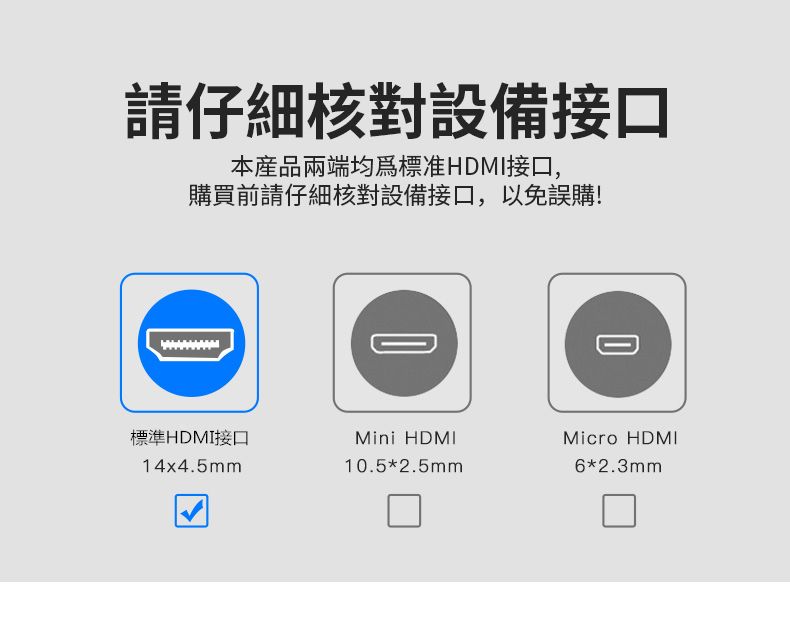 請仔細核對設備接口本產品兩端均爲標准HMI接口,購買前請仔細核對設備接口,以免誤購!D標準HDMI接口Mini HDMIMicro HDMI14x4.5mm10.5*2.5mm6*2.3mm