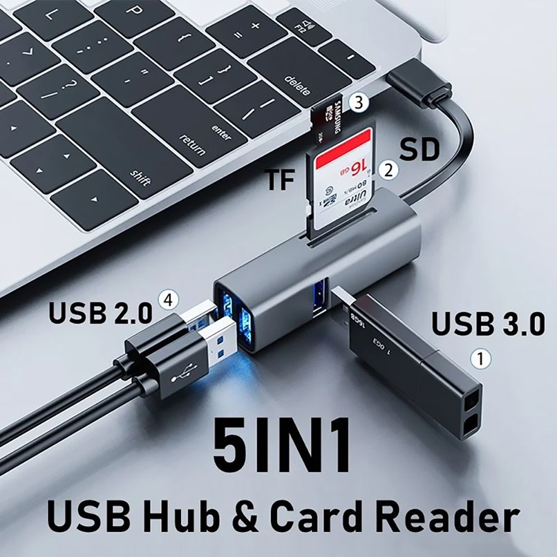 Bill Case 高階 Type C 多功5孔 TF, SD, USB 3.0 + 2.0 讀卡擴充HUB  鈦灰