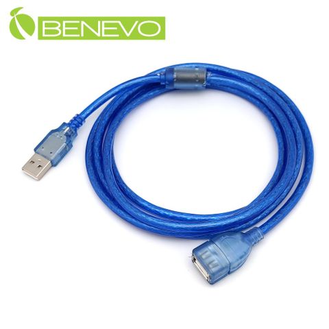 BENEVO 1.8米 USB2.0 A公-A母 高隔離延長線，採金屬編織與磁環防干擾設計 [BUSB0180AMF(透明藍有包覆)]
