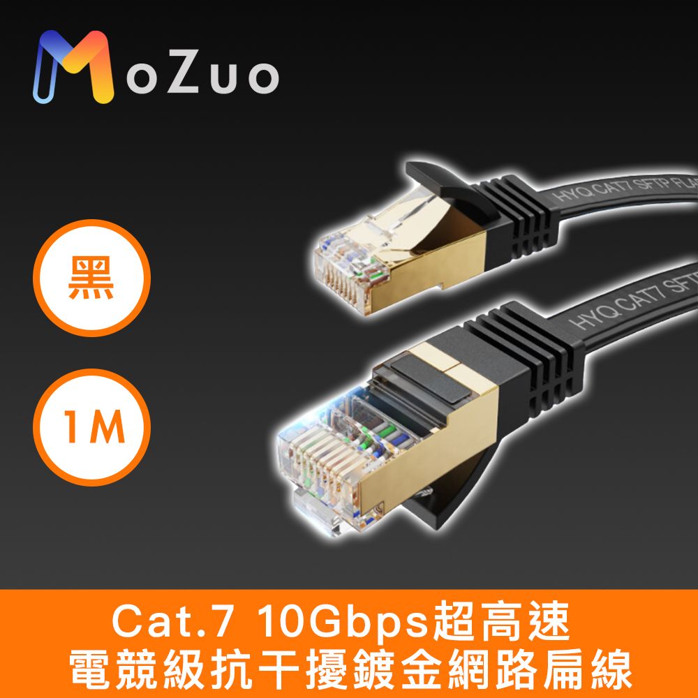 MoZuo 魔宙 Cat.7 10Gbps超高速 電競級抗干擾鍍金網路扁線 黑 1M