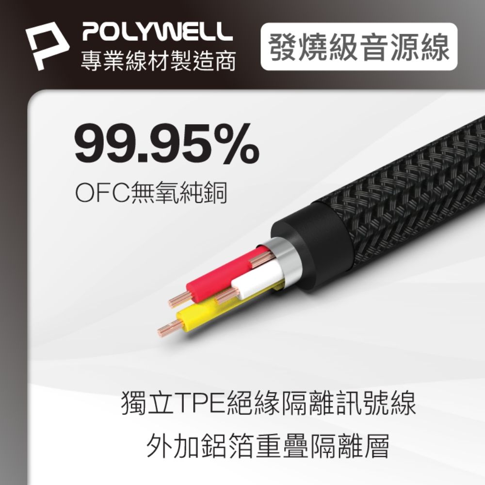 POLYWELL發燒級音源線專業線材製造商99.95%OFC無氧純銅獨立TPE絕緣隔離訊號線外加鋁箔重疊隔離層