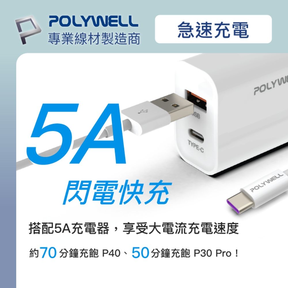 POLYWELL 寶利威爾 USB2.0 Type-A To Type-C 5A充電線 /1M