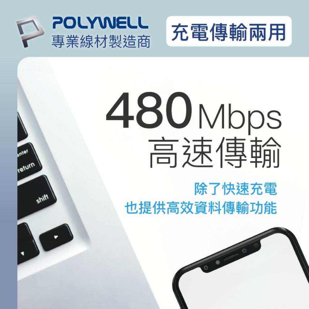 POLYWELL 寶利威爾 USB2.0 Type-A To Type-C 5A充電線 /1M