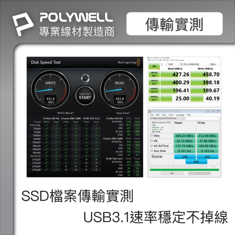 POLYWELL 寶利威爾 USB3.1 Type-C對A 3A快充高速傳輸線 BRAID版 /1M