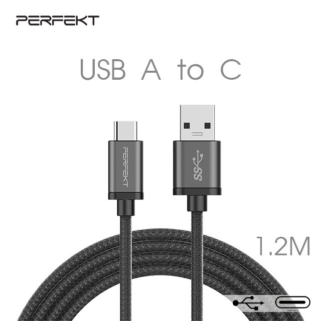 PERFEKT USB 3.2 Type C to USB A 金屬編織快速充電傳輸線-120cm (太空灰)