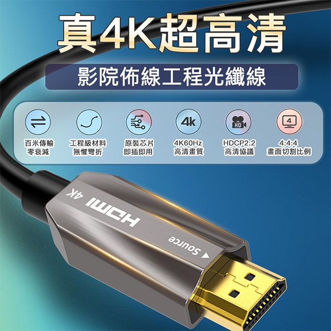 宇聯 協會認證HDMI2.0版 真4K/60Hz德國四芯工程光纖線 5M