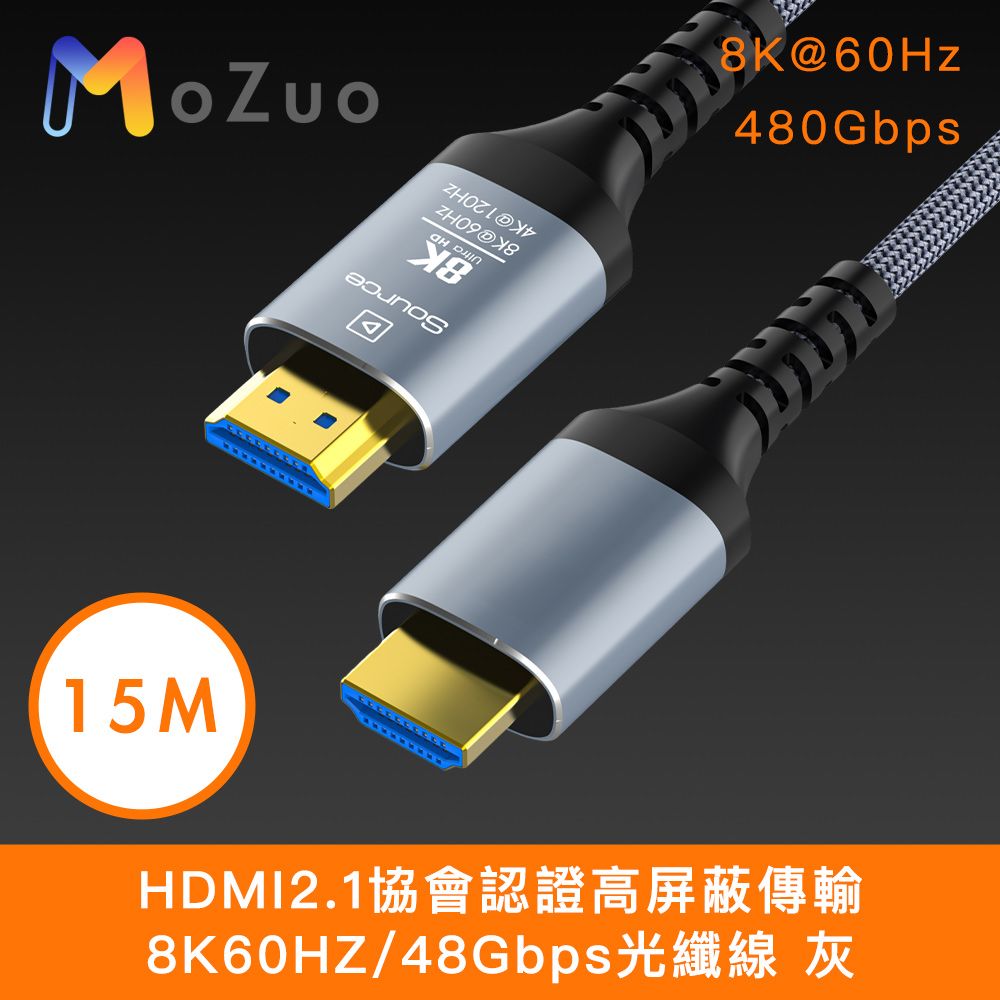 MoZuo 魔宙 HDMI2.1協會認證 高屏蔽傳輸8K60HZ/48Gbps光纖線 15M 灰