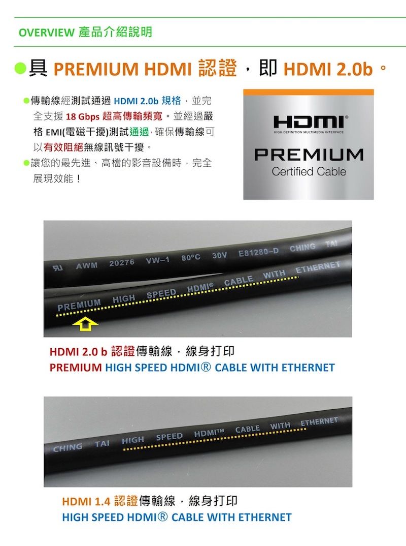 OVERVIEW 產品介紹說明具 PREIUM HDMI 認證即 HDMI 2.0b。傳輸線經測試通過 HDMI 2.0b 規格並完全支援18Gbps 超高傳輸頻寬。並經過嚴格EMI(電磁干擾)測試通過確保傳輸線可以有效阻絕無線訊號干擾。讓您的最先進、高檔的影音設備時,完全展現效能!HIGH DEFINITION MULTIMEDIA PREMIUMCertified CableAWM20276 -180°C30V E81280-DCHING TAPREMIUM HIGHSPEED CABLE WITH ETHERNETHDMI 2.0 b 認證傳輸線,線身打印PREMIUM HIGH SPEED  CABLE WITH ETHERNETCHINGCABLEHDMIMSPEEDHIGHTAIWITH ETHERNETHDMI 1.4 認證傳輸線,線身打印HIGH SPEED  CABLE WITH ETHERNET