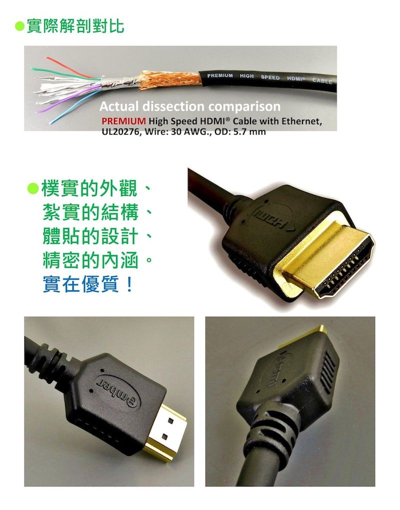 實際解剖對比PREMIUM HIGH SPEED HDMI CABLEActual dissection comparisonPREMIUM High Speed HDMI Cable with Ethernet,UL20276, Wire: 30AWG., OD: 5.7 樸實的外觀、紮實的結構、體貼的設計、精密的內涵。實在優質!