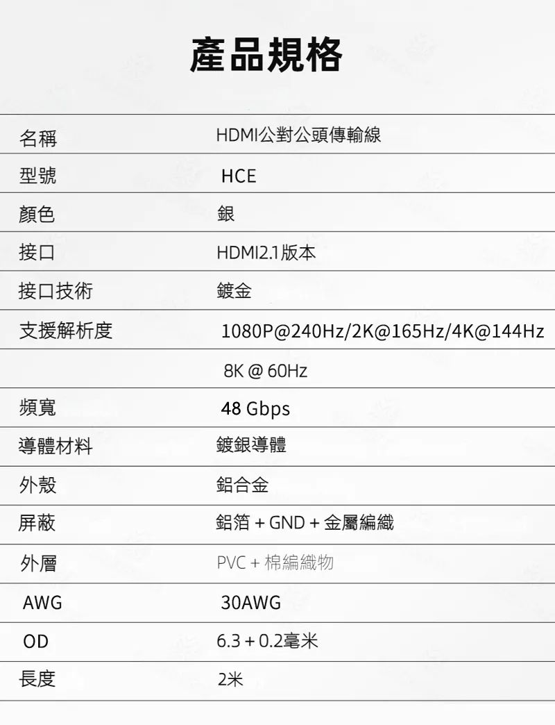 產品規格名稱型號顏色接口接口技術HDMI公對公頭傳輸線HCE銀HDMI2.1版本鍍金支援解析度頻寬1080P@240Hz/2K@165Hz/4K@144Hz @ 48 Gbps鋁合金導體材料鍍銀導體外殼屏蔽外層AWGOD長度鋁箔+GND+金屬編織PVC+棉編織物30AWG6.3+0.2毫米2米