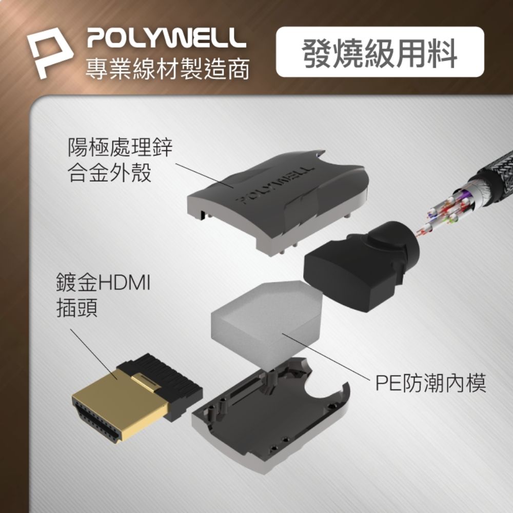 POLYWELL 寶利威爾 HDMI 2.0 4K60Hz 鋅合金編織線 /5M