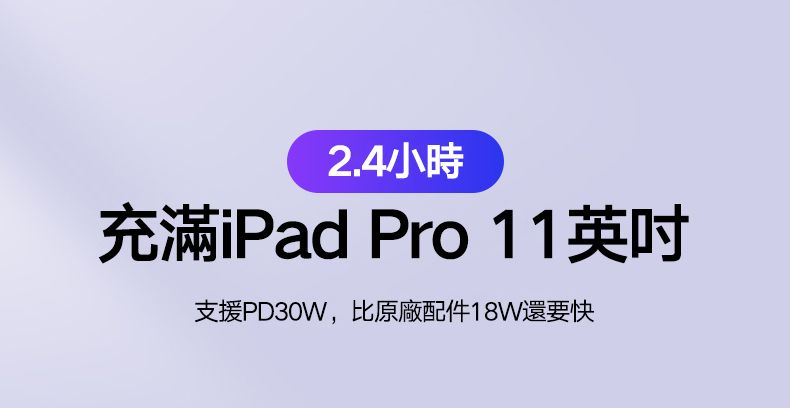 2.4小時充滿iPad Pro 11英吋支援PD30W,比原廠配件18W還要快