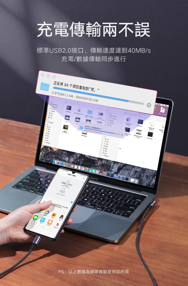充電傳輸兩誤標準USB2.接口,傳輸速度達到40MB/s充電/數據傳輸同步進行正在将33个项目复制到“菲。0字节/967.2MB-剩余时间不到1分钟0不 PS:以上數據為綠聯實驗室測試所得