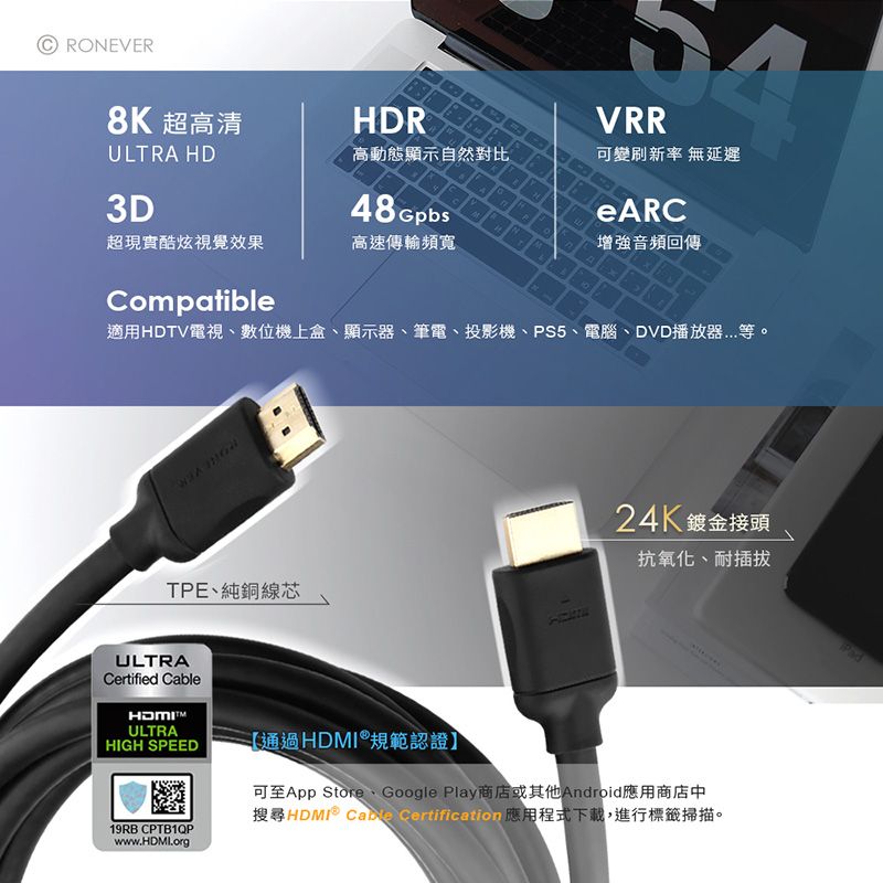 RONEVER   HDMI高速影音傳輸線-1.8米 (VPH-HDMI-3T18)