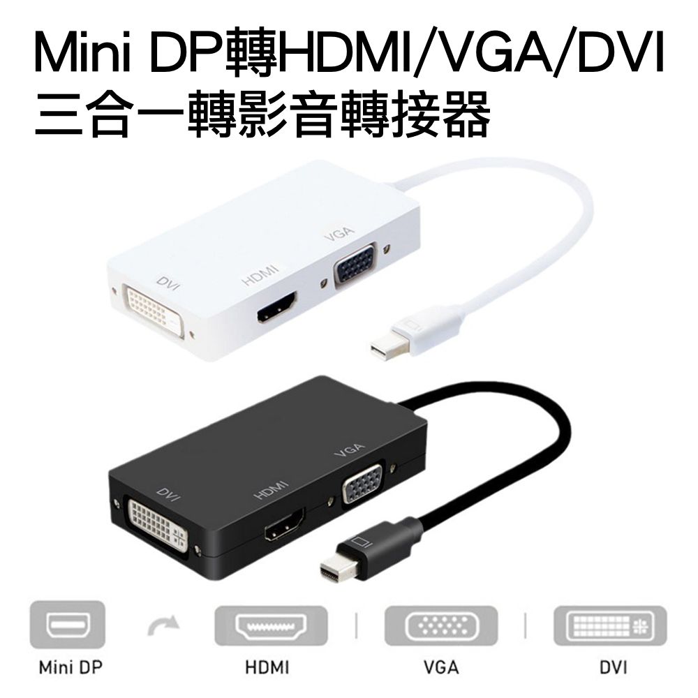  Mini DP轉HDMI/VGA/DVI影音轉接線 1080P高清Mini DisplayPort to 3合1訊號轉接器