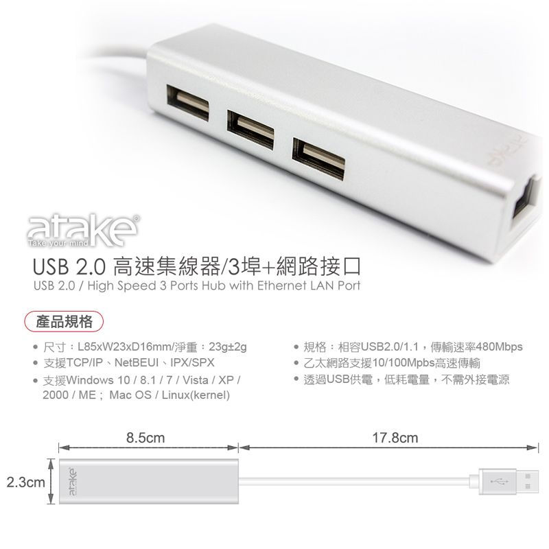 2.3cmatakeTake your mindUSB 2.0 高速集線器3埠+網路接口USB 2.0 High Speed 3 Ports Hub with Ethernet LAN Port產品規格 L85xW23xD16mm23g2gTCPIP NetBEUI IPXSPXWindows 108.17Vista/XP/2000/ME Mac OS / Linux(kernel) 規格:相容USB2.0/1.1,傳輸速率480Mbps 乙太網路支援10/100Mpbs高速傳輸•透過USB供電,低耗電量,不需外接電源atake8.5cm17.8cm