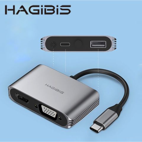 HAGiBiS鋁合金Type-C轉HDMI+VGA+PD充電+音源+USB2.0(SWC02)