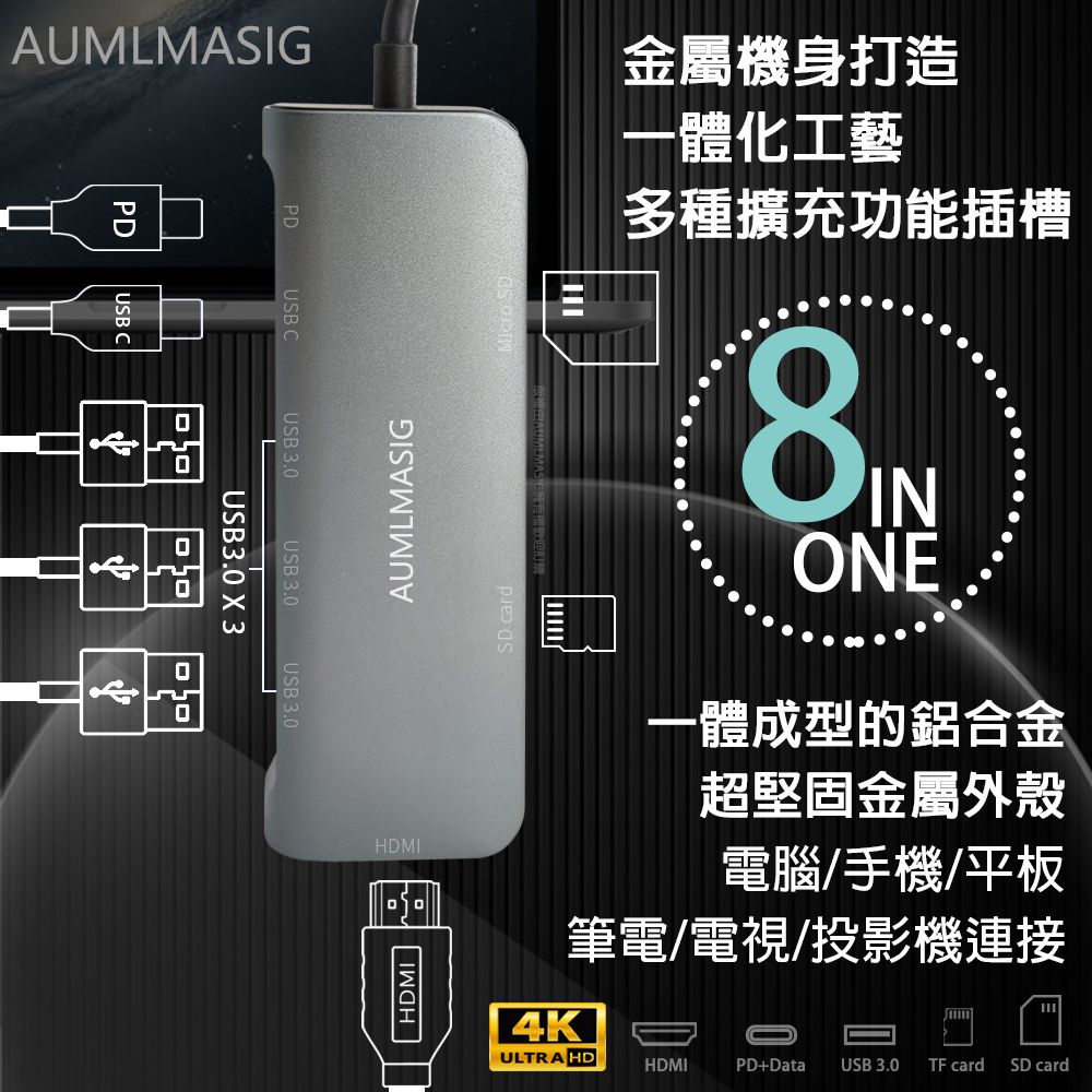 AUMLMASIG 全通碩 免運費送達到府 【8合1擴充多功能集線器】8 in1- C Connector Type-C/PD充電/HDMI4K螢幕輸出/100W PD充電功率/筆電/電腦/手機OTG/移動硬碟/隨身碟/鍵盤/滑鼠等USB設備