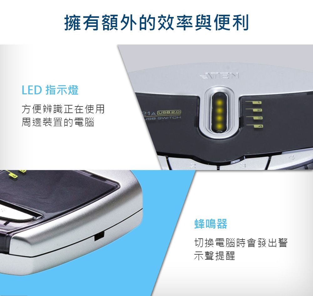擁有額外的效率與便利LED 指示燈方便辨識正在使用 周邊裝置的電腦 SWITCH蜂鳴器切換電腦時會發出警示聲提醒