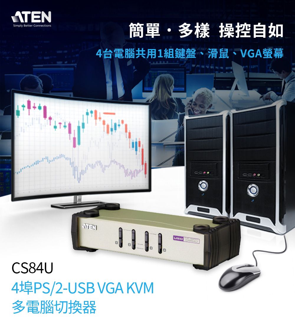 ATEN 4埠USB+PS/2多電腦切換器CS84U - PChome 24h購物