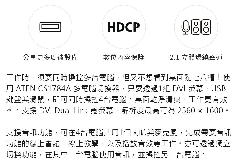 ATEN 4埠USB DVI Dual Link KVMP多電腦切換器CS1784A PChome 24h購物