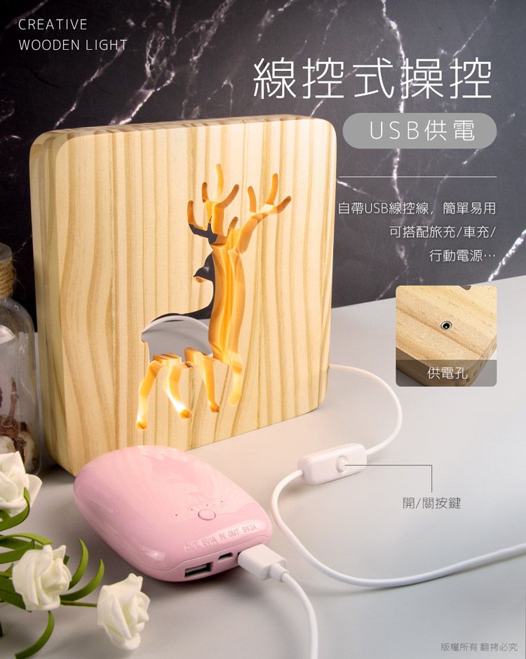 aibo 暖心鏤空原木 USB LED小夜燈(暖光/線控開關)-麋鹿