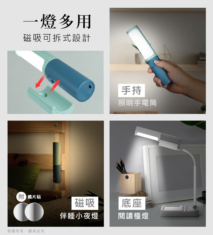 aibo  一燈多用 LED 三色光磁吸可拆式檯燈/手電筒(電量加倍版)-湖水藍