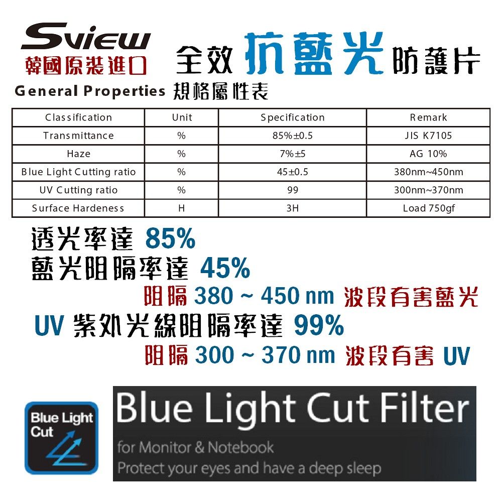 Sview 14.1吋 (16:10) 筆電抗藍光片 - 抗藍光 / 防眩光 / 斷UV光(螢幕紫外線)