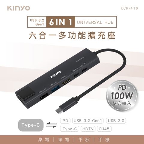 KINYO Type-C六合一多功能擴充座,支援PD快充輸入高速乙太網路