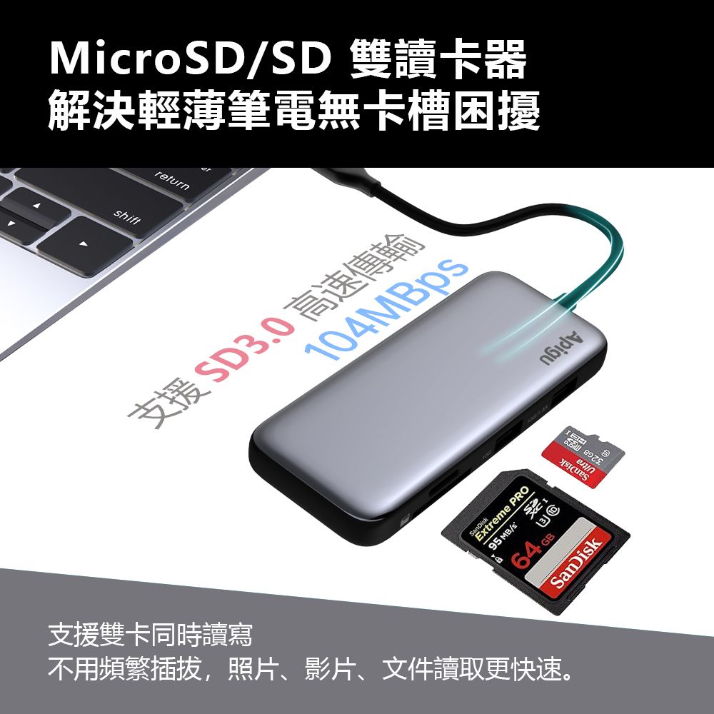 Apigu 谷德 USB3.1 Gen2 10G HUB 4K 7合1高速多功能集線器  (4K60Hz HDMI,10Gbps傳輸,PD3.0快充,雙卡槽同時讀寫 )