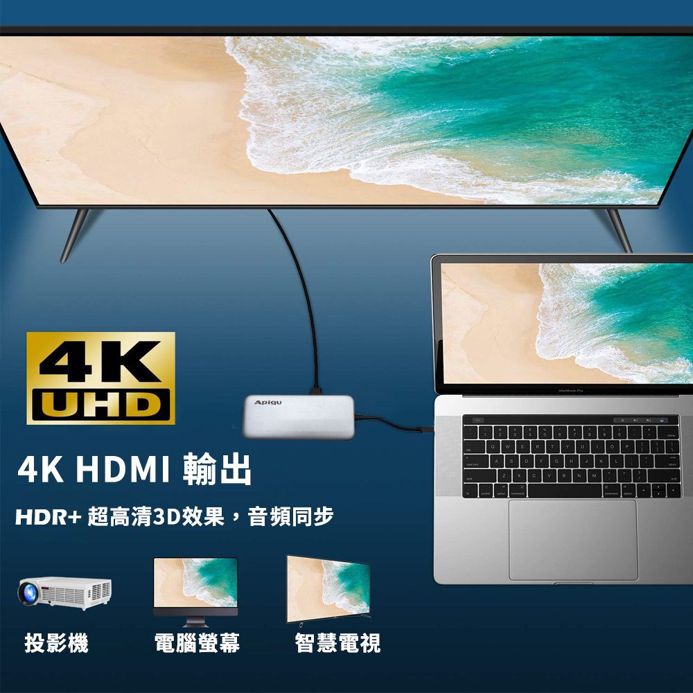 Apigu 谷德 USB3.1 Gen2 10G HUB 4K 7合1高速多功能集線器  (4K60Hz HDMI,10Gbps傳輸,PD3.0快充,雙卡槽同時讀寫 )