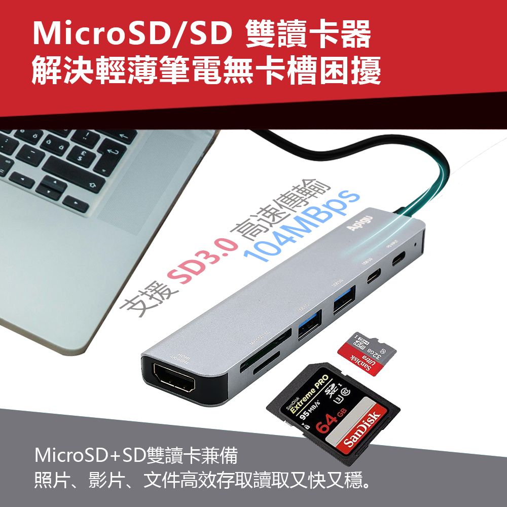 Apigu 谷德 USB3.1 5G HUB 4K 7合1雙頭高速多功能集線器  (4K60Hz HDMI,5Gbps傳輸,PD快充,雙卡槽, 加TypeA轉接頭 )