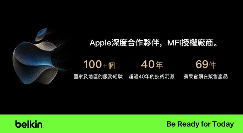 belkinApple深度合作夥伴,MFi授權廠商。100+個40年國家及地區的服務經驗 超過40年的技術沉澱 蘋果官網在販售產品Be Ready for Today