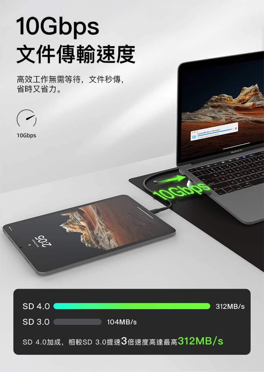 4.0SD 3.010Gbps文件傳輸速度高效工作無需等待,文件秒傳,省時又省力。10Gbps2:05104MB/sSD 4.0加成,相較SD 3.0提速3倍速度高達最高312MB/s312MB/s