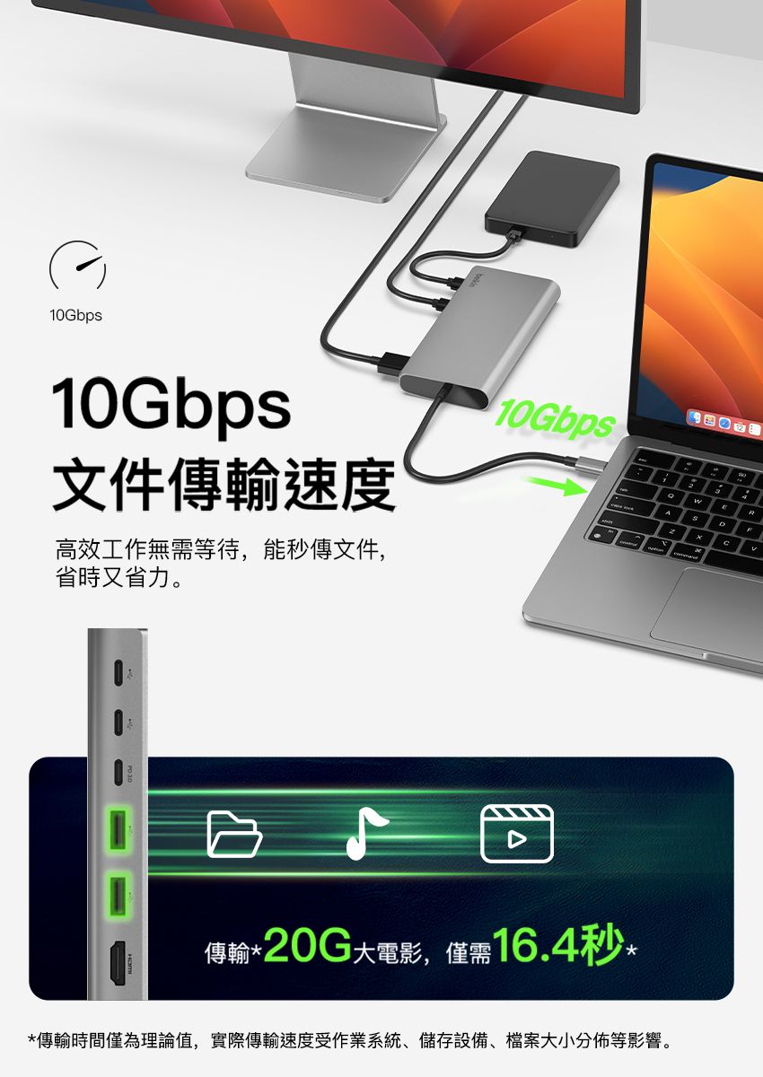 10Gbps10Gbps文件傳輸速度10Gbps高效工作無需等待,能秒傳文件,省時又省力。傳輸*20G大電影,僅需16.4秒**傳輸時間僅為理論值,實際傳輸速度受作業系統、儲存設備、檔案大小分佈等影響。