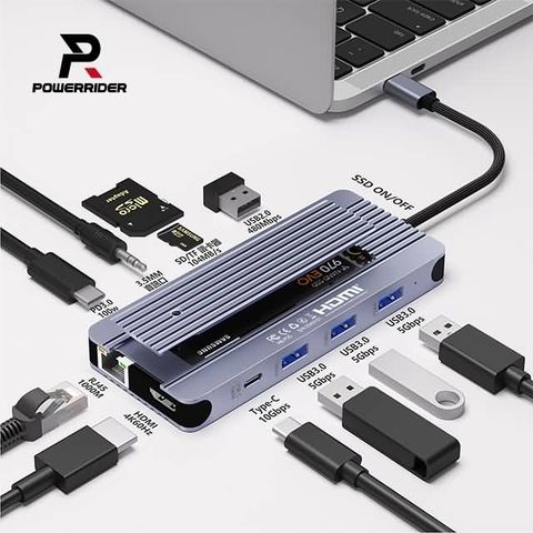 PowerRider HB-P25 十二合一 NVMe/SATA SSD 集線器 鈦金灰