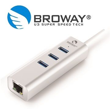 BROWAY USB3.0 3埠 集線器 + 1埠 Gigabit 超高速網路卡 鋁合金 時尚銀