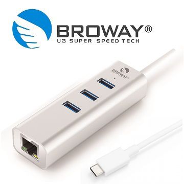 BROWAY Type-C 轉 USB3.0 3埠集線器 + 1埠Gigabit網路卡 時尚銀 Type-C Connector 接頭