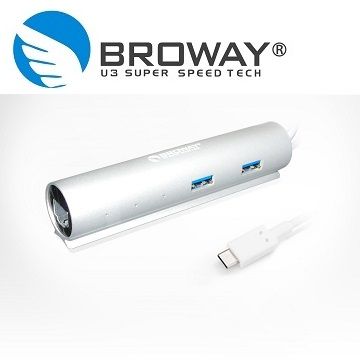 BROWAY USB-C 轉3埠 USB3.0 集線器 + 1埠 Gigabit 網路卡 時尚銀