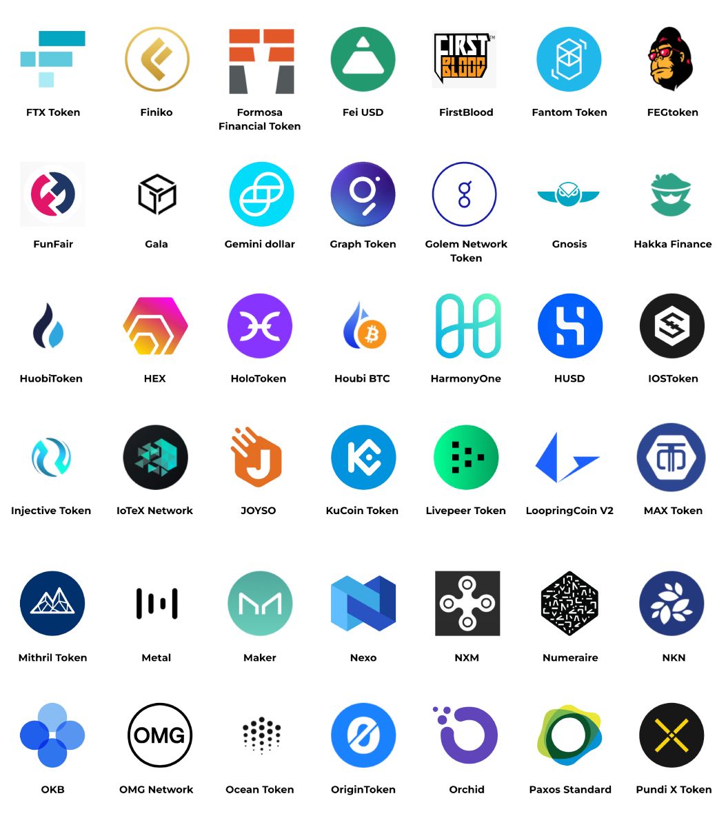 CIRSTFT TokenFinikoFormosaFei USFirstBloodFantom TokenFEGtokenFinancial TokengFunFairGalaGemini dollarGraph TokenGolem NetworkGnosisHakka FinanceTokenBHuobiTokenHEXHoloTokenHoubi BTCHarmonyOneHUSDIOSTokenInjective Token  NetworkJOYSOKuCoin TokenLivepeer TokenLoopringCoin VAX TokenMMithril TokenMetalMakerNexoNXMNumeraireNKNOMG2DOKBOMG NetworkOcean TokenOriginTokenOrchidPaxos StandardPundi X Token